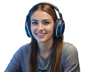 Portrait of young smiling caucasian gamer girl with headphones isolated on white or transparent background, PNG