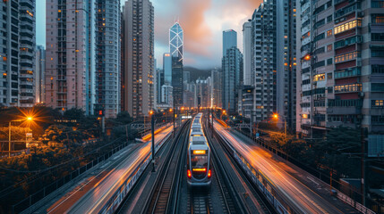 Fototapeta na wymiar Speeding city train weaving through a dense urban environment during blue hour.