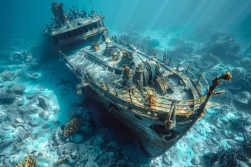 Gordijnen A shipwreck is seen in the ocean with a lot of debris and fish swimming around it. Scene is eerie and mysterious, as the ship is long gone and the ocean is filled with life © Yuliia