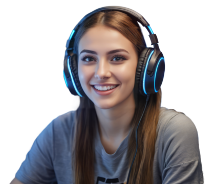 Portrait of young smiling caucasian gamer girl with headphones isolated on white or transparent background, PNG - Powered by Adobe