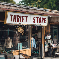 A Thrift Store sign at the front of a store
