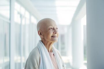 Portrait of a happy, elderly woman in a headscarf for cancer patients, recovering from illness
