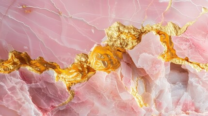 A close up of a pink and gold marble surface with some leaves, AI