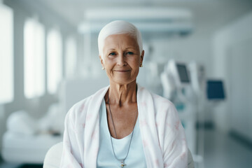 Portrait of a happy, elderly woman in a headscarf for cancer patients, recovering from illness - obrazy, fototapety, plakaty