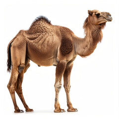 Full-length portrait of a single camel standing against a white backdrop, showcasing its unique features.