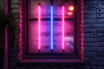 A brick wall with a pink hue and a blurry background. Neon lights. The wall appears to be wet and has a shiny, reflective surface. Scene is one of mystery and intrigue, as the blurry background