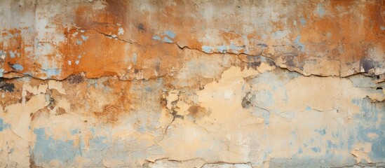A closeup shot of a cracked wall with peeling paint in beige and brown hues, resembling a unique art pattern. The visual arts piece features rectangular shapes resembling a wood flooring drawing