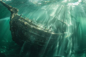 Tuinposter A shipwreck is seen in the ocean with a lot of debris and fish swimming around it. Scene is eerie and mysterious, as the ship is long gone and the ocean is filled with life © Yuliia