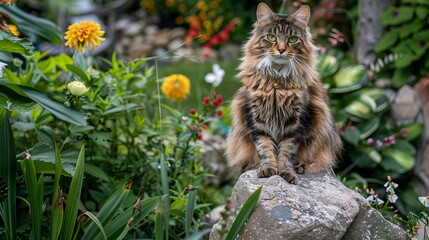 A Maine Coon cat sitting proudly on a rock in a garden filled with lush greenery and colorful flowers, 