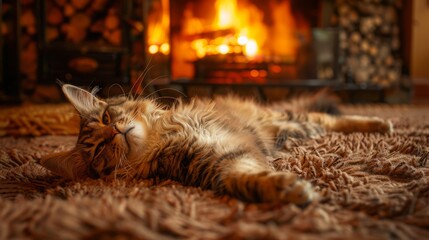 A Maine Coon cat stretching out on a plush carpet in front of a crackling fireplace,
