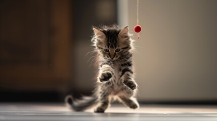 A playful Maine Coon kitten batting at a dangling toy with its fluffy paws, 