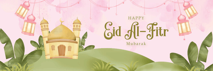 Banner of Happy Eid Mubarak with Mosque and Pink Splash Background