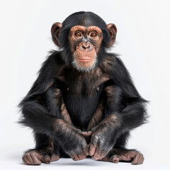 Naklejka premium Highly detailed portrait of a chimpanzee sitting calmly against a white studio background.