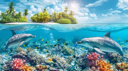 Fototapeta na wymiar Two dolphins swimming over a coral reef with an island in the background, AI