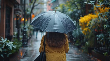 A woman walking down a street with an umbrella in the rain, AI