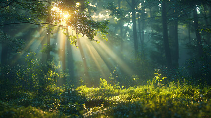 Sunbeams shining through the branches of a lush green forest, illuminating the mist and forest floor