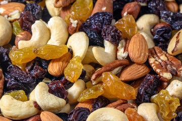 background with a cashew, hazelnuts, raisins and peanuts. Mixed nuts and raisins texture.5