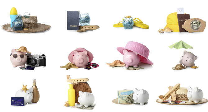 Set of piggy banks and different traveler's accessories isolated on white