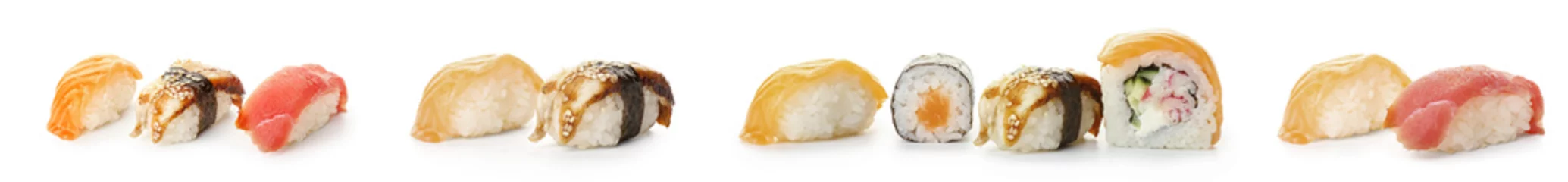 Gordijnen Set of different sushi isolated on white © Pixel-Shot