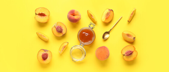Jar of sweet peach jam and fresh fruit on yellow background, top view