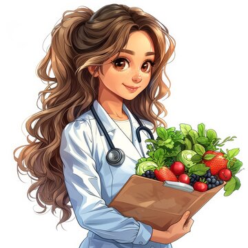 Young female doctor holding a box of fresh fruits and vegetables. Healthy eating concept.