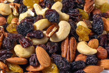 background with a cashew, hazelnuts, raisins and peanuts. Mixed nuts and raisins texture.4