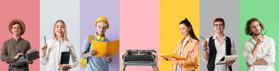 Set of writers and vintage typewriter on color background