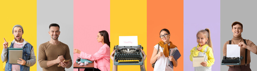 Collage of writers and vintage typewriter on color background - obrazy, fototapety, plakaty