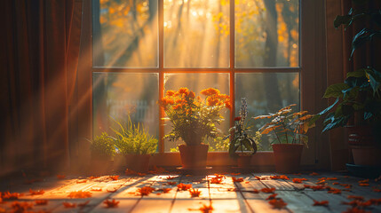 Sunlight streaming through a window, casting a warm glow on houseplants and scattered orange petals on a tiled floor