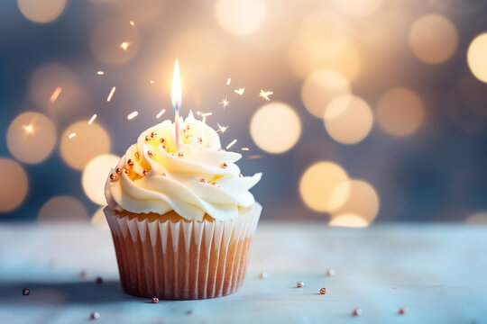 A festive birthday cupcake with a single lit candle sits atop a plate, set against a backdrop of shimmering holiday bokeh lights. 3d vector painting