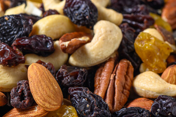 background with a cashew, hazelnuts, raisins and peanuts. Mixed nuts and raisins texture.2