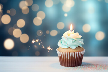Delicious cupcake with sparkler on light wooden table