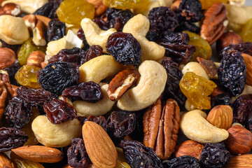 background with a cashew, hazelnuts, raisins and peanuts. Mixed nuts and raisins texture. 1