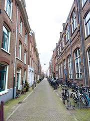 Traditional Dutch architecture buildings in Amsterdam in winter
