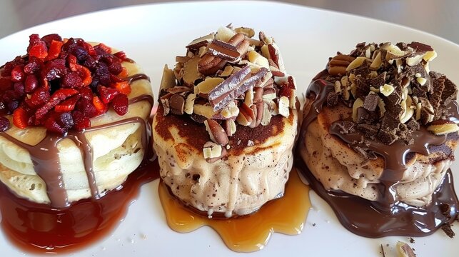 a white plate topped with three desserts covered in chocolate sauce and toppings on top of each of them.