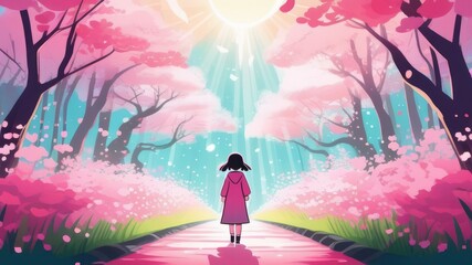 a girl walks along a path through a forest with trees with pink foliage. The concept of magic, magic, mysticism