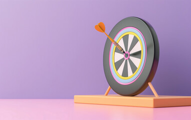 3D model of a target with a dart in the centre, an arrow hitting the target on a pink background