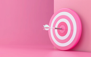 3D model of a target with a dart in the centre, an arrow hitting the target on a pink background