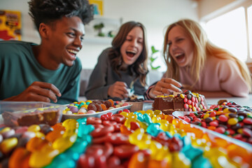 Friends Laughing and Enjoying Candies Together