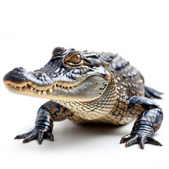 Obraz premium Side view of a calm alligator on a white background, showcasing its detailed scales.