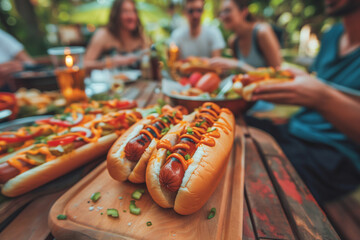 Friends Enjoying a Hot Dog Tasting Contest Outdoors