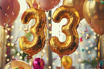 Golden helium floating balloons made in shape of number thirty-three. Birthday party or wedding anniversary for 33 years celebration. Festive background