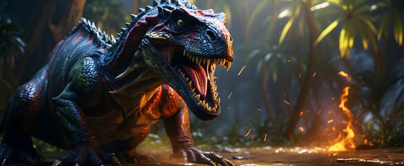 A meticulously-rendered image showcasing a lifelike dinosaur with a threatening pose in a jungle...