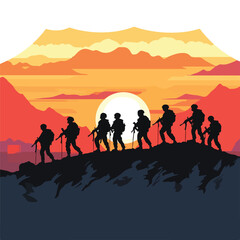 Fototapeta na wymiar seven soldiers sunset scene flat vector illustratio