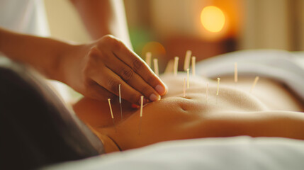 Acupuncture, acupuncture, an effective method of treatment, Oriental medicine, the doctor inserts thin needles into important points of the patient's body, getting rid of pain - obrazy, fototapety, plakaty