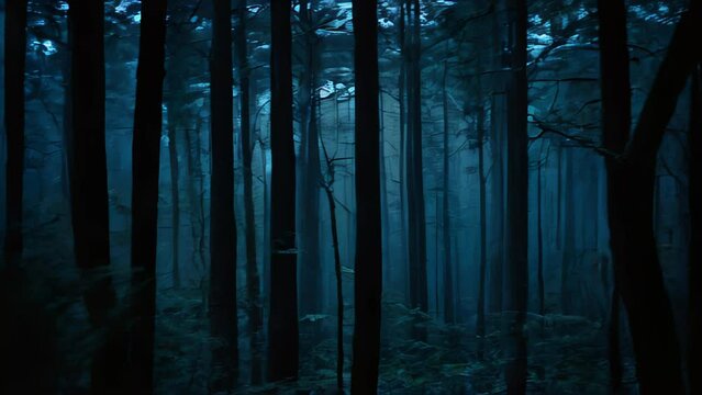 The mystical sight of a forest shrouded in fog under the moonlight.
