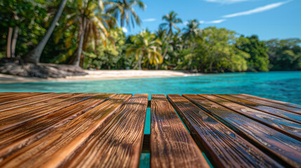 Idyllic view of a tropical beach from a wooden pier with lush greenery and clear water.