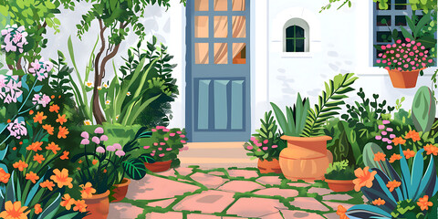 Fototapeta na wymiar Illustration of house with leafy garden in spring
