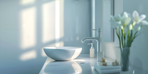 Fototapeta na wymiar White bathroom sink, window light
