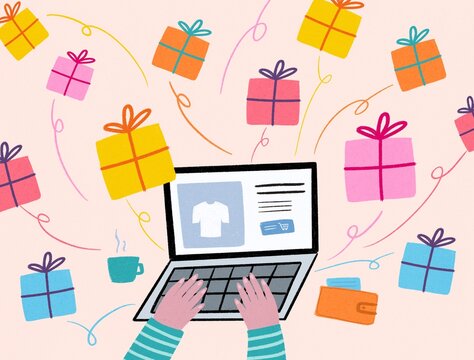 Online gift shopping with laptop illustration
